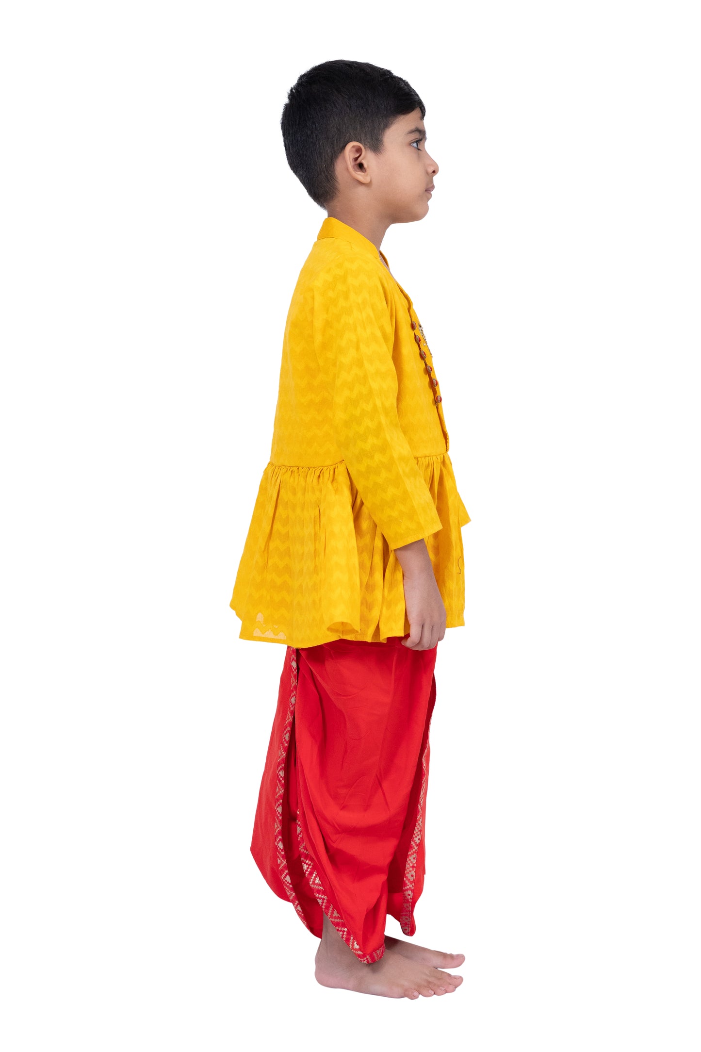 Twisha Cotton 3/4Sleeves Krishna Printed Kurta With Dhoti - Yellow & Red