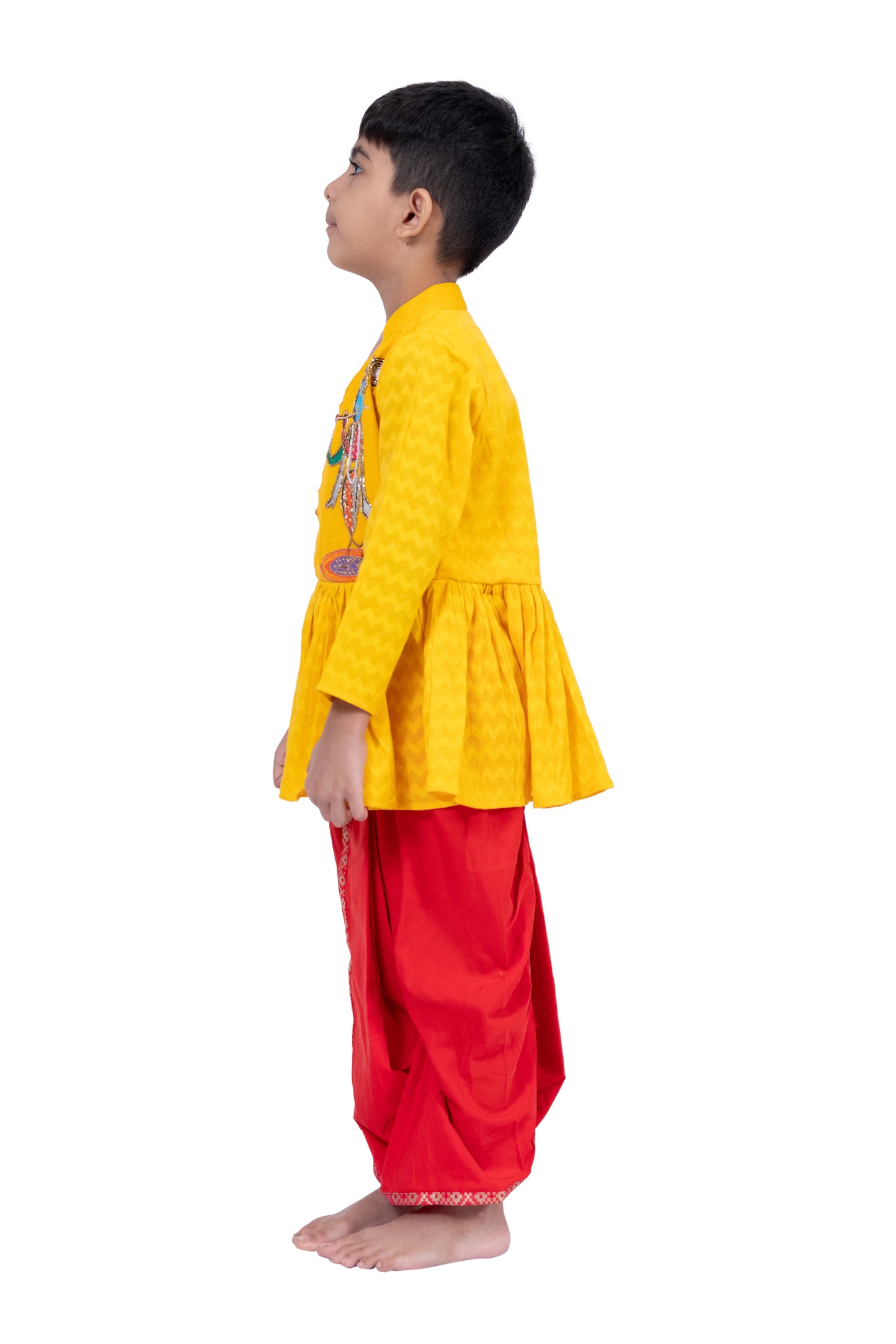 Twisha Cotton 3/4Sleeves Krishna Printed Kurta With Dhoti - Yellow & Red