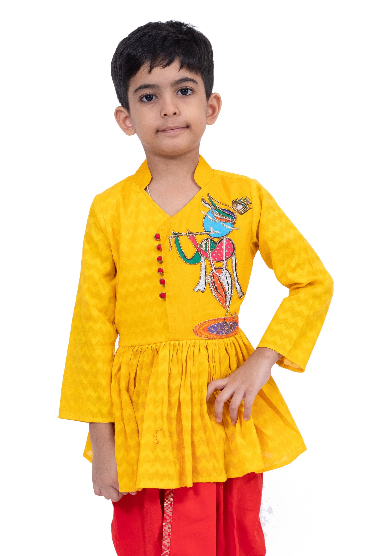 Twisha Cotton 3/4Sleeves Krishna Printed Kurta With Dhoti - Yellow & Red