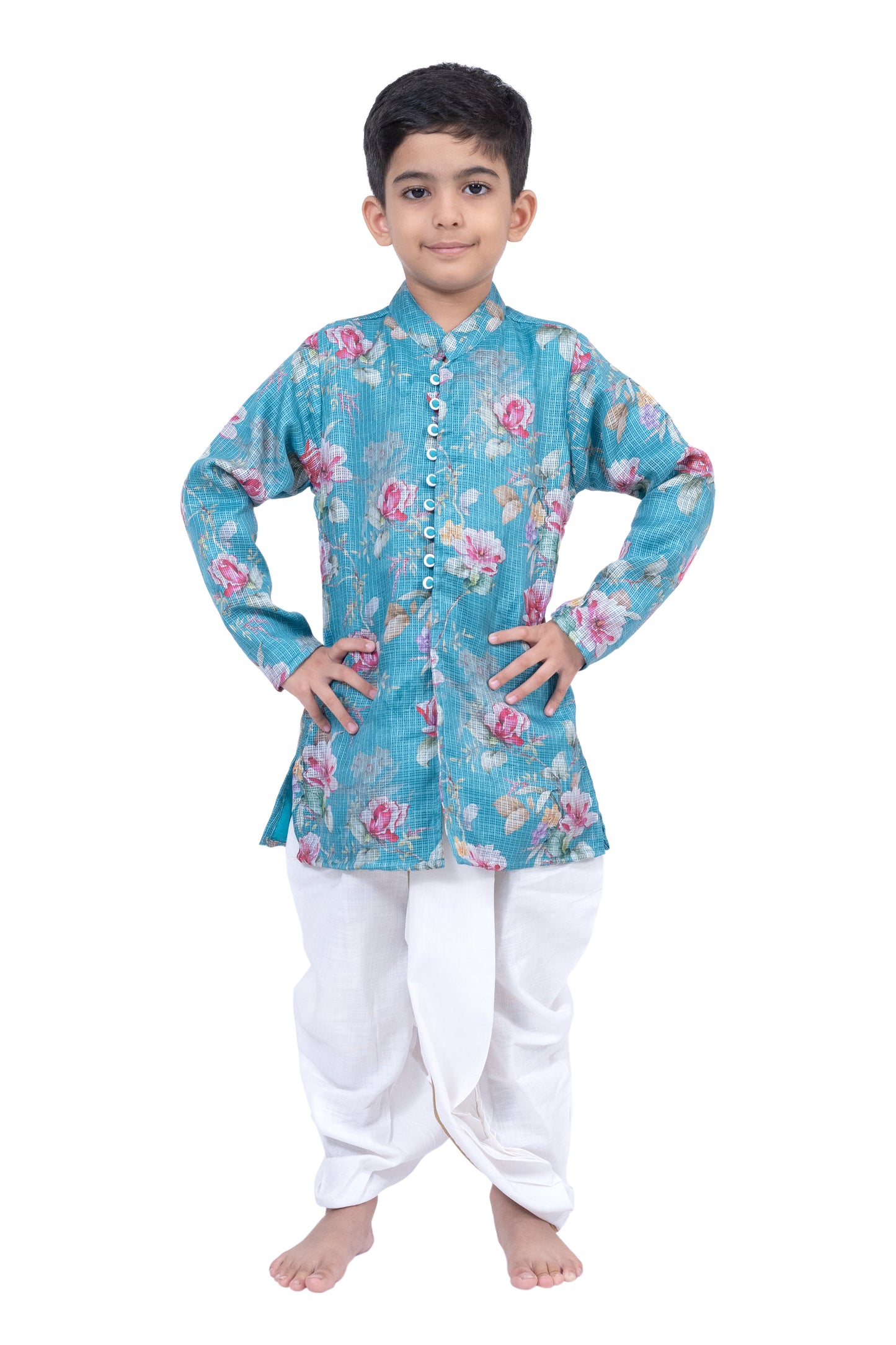 Twisha Fullsleeves Floral Printed Kurta with Dhoti -SeaGreen & White