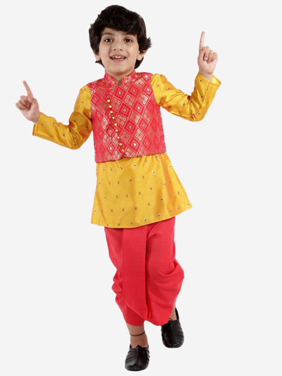 Twisha Boys Festive kurta with brocade Jacket and dhoti-red