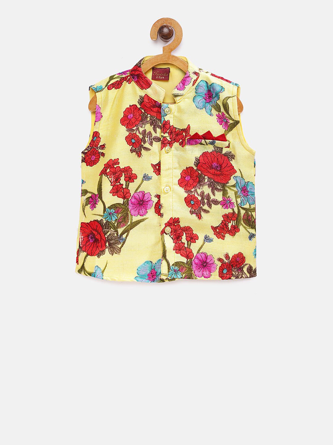 Twisha Boys Solid Kurta & Pyjama With Printed Jacket - Off White & Yellow