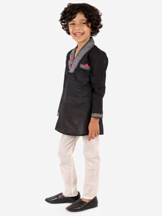 Twisha Boys High Neck Kurta with Payjama Set-Black And White