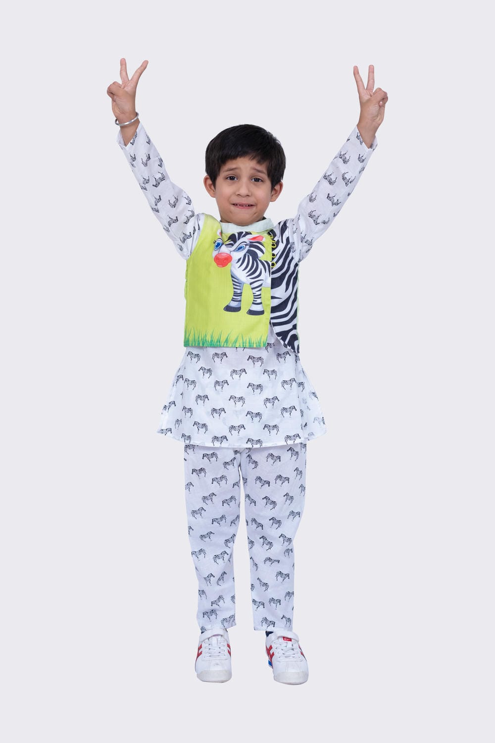 Twisha Boy's Full Sleeves Zebra Printed Kurta Churidar and Jacket -White & Lime Green