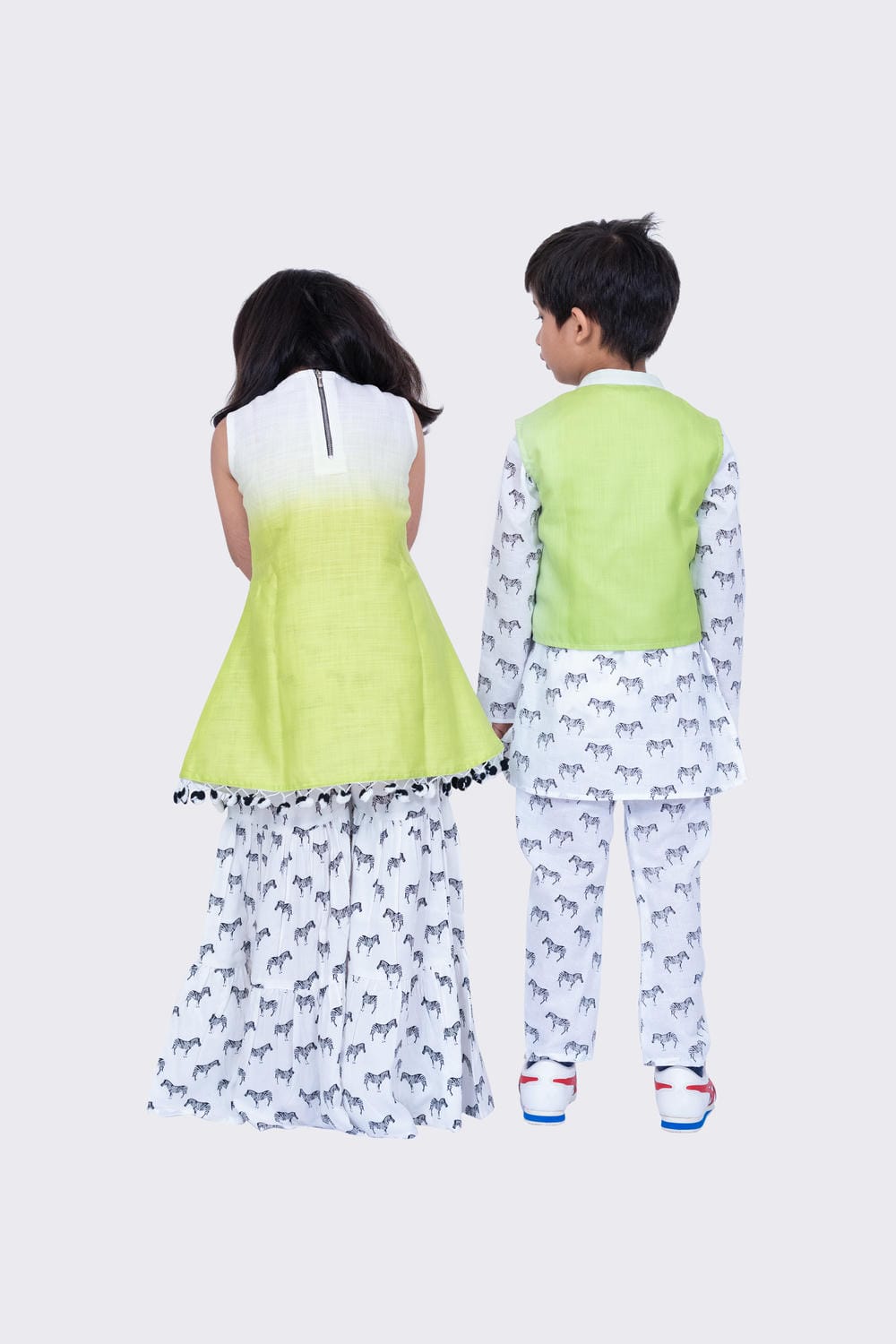 Twisha Boy's Full Sleeves Zebra Printed Kurta Churidar and Jacket -White & Lime Green