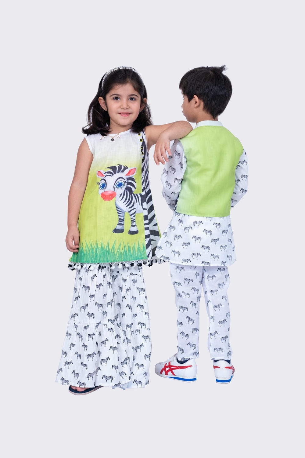 Twisha Boy's Full Sleeves Zebra Printed Kurta Churidar and Jacket -White & Lime Green