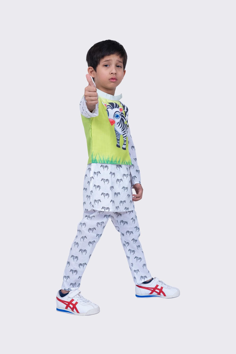 Twisha Boy's Full Sleeves Zebra Printed Kurta Churidar and Jacket -White & Lime Green
