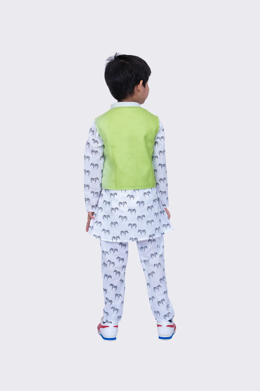 Twisha Boy's Full Sleeves Zebra Printed Kurta Churidar and Jacket -White & Lime Green