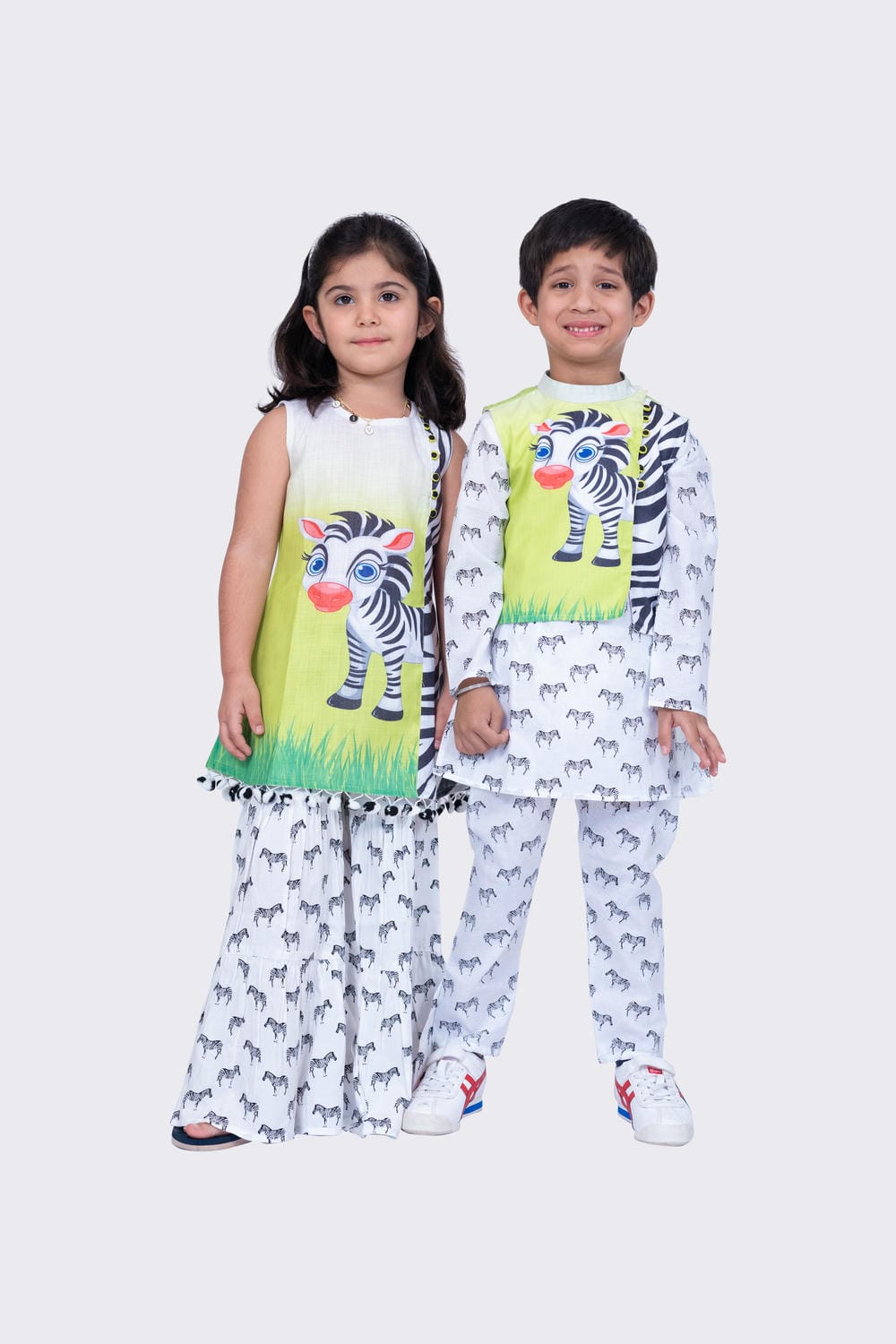 Twisha Boy's Full Sleeves Zebra Printed Kurta Churidar and Jacket -White & Lime Green