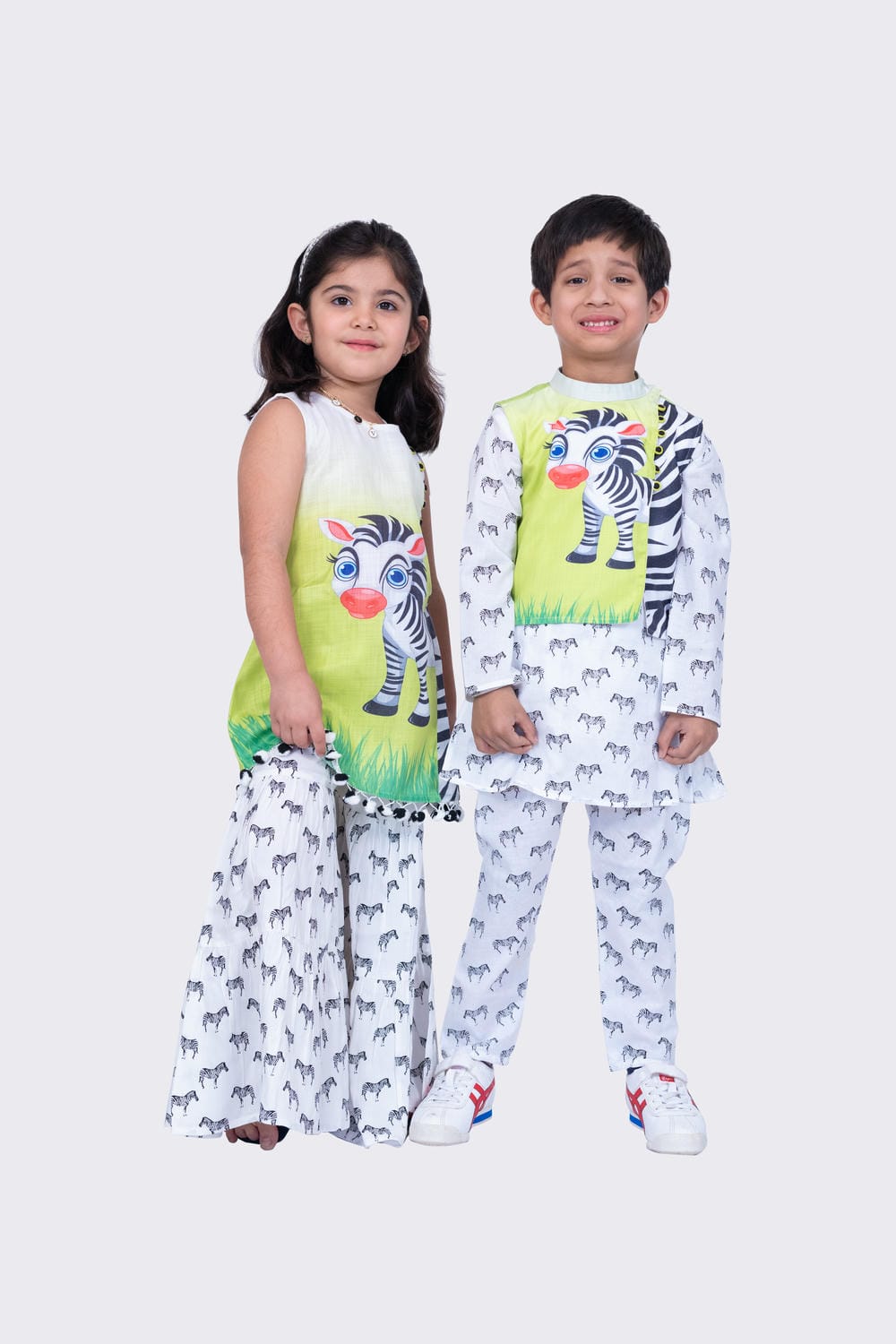 Twisha Boy's Full Sleeves Zebra Printed Kurta Churidar and Jacket -White & Lime Green