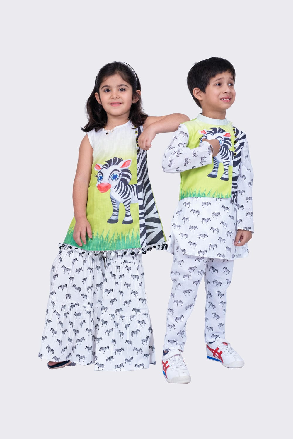 Twisha Boy's Full Sleeves Zebra Printed Kurta Churidar and Jacket -White & Lime Green