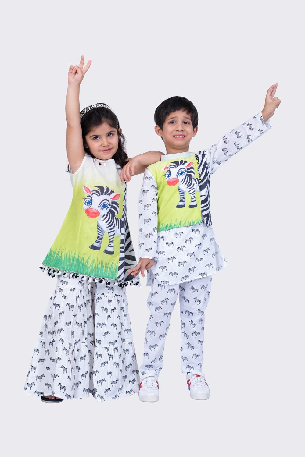 Twisha Boy's Full Sleeves Zebra Printed Kurta Churidar and Jacket -White & Lime Green