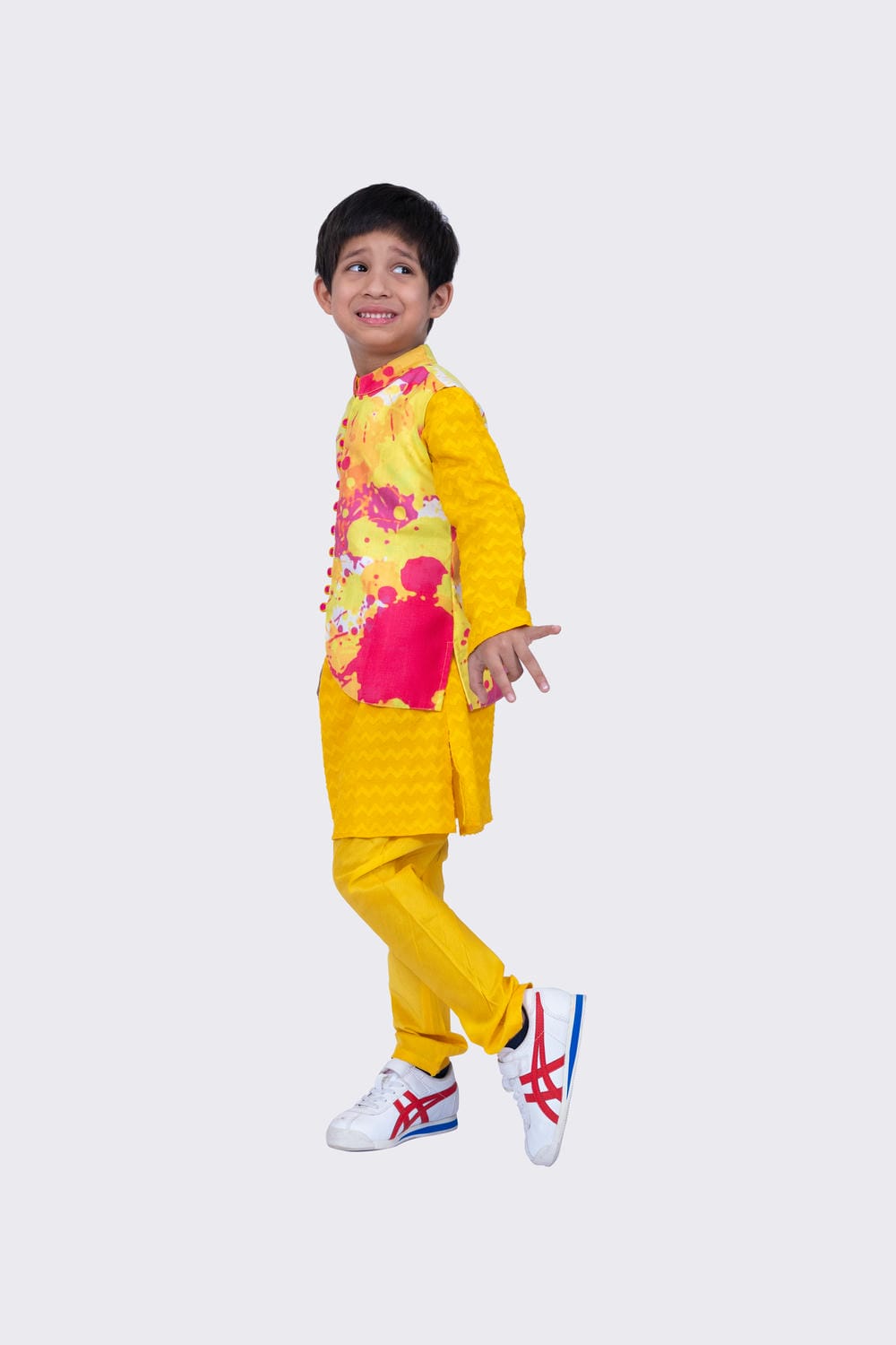 Twisha Boy's Full Sleeves Cotton Jaquard Kurta and Pyjama & Jacket - Multicolour