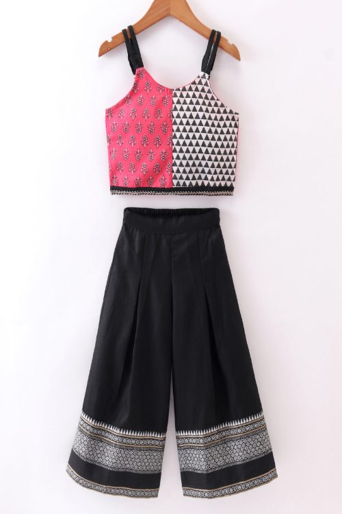 Girls Cotton Printed Top & Palazzo - Pink & Black