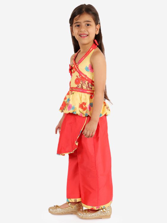 Twisha Girls Halter Neck Top with Layered Palazzo set-Yellow and Coral