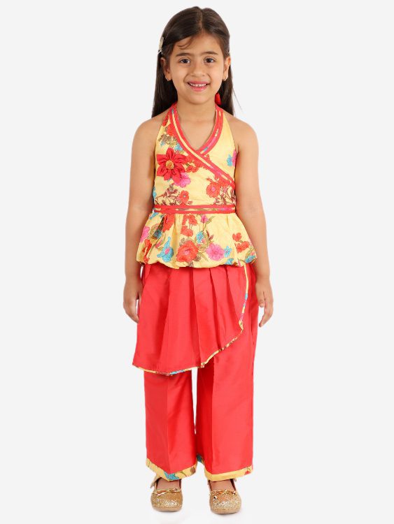 Twisha Girls Halter Neck Top with Layered Palazzo set-Yellow and Coral