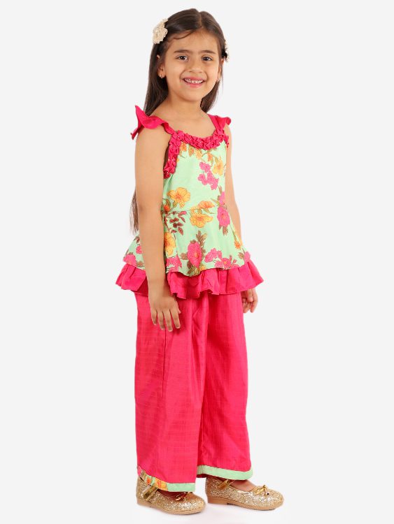 Twisha Girls Foral printed Frill detailed Peplum and Dhoti Set -Green and Pink