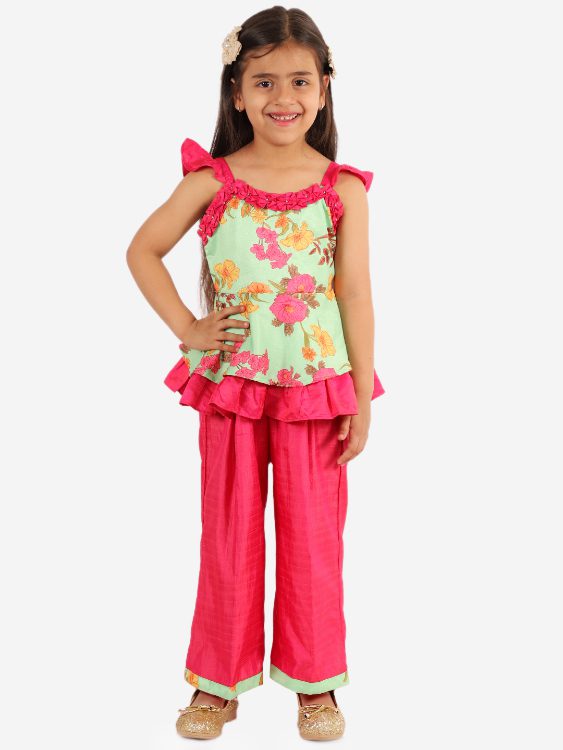 Twisha Girls Foral printed Frill detailed Peplum and Dhoti Set -Green and Pink