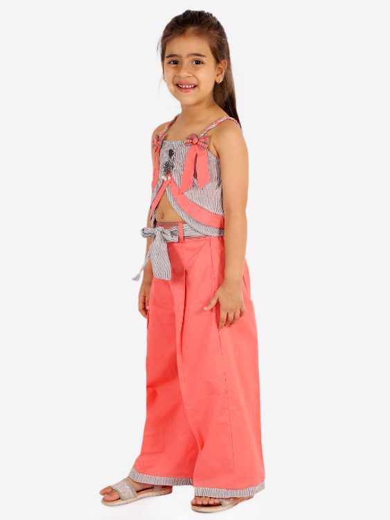 Twisha Stylish Striped Print Top And Palazzo- Grey & Peach