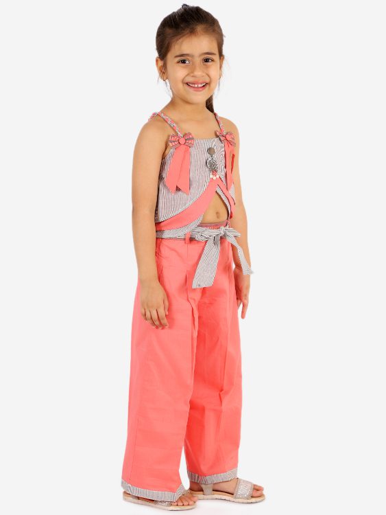 Twisha Stylish Striped Print Top And Palazzo- Grey & Peach