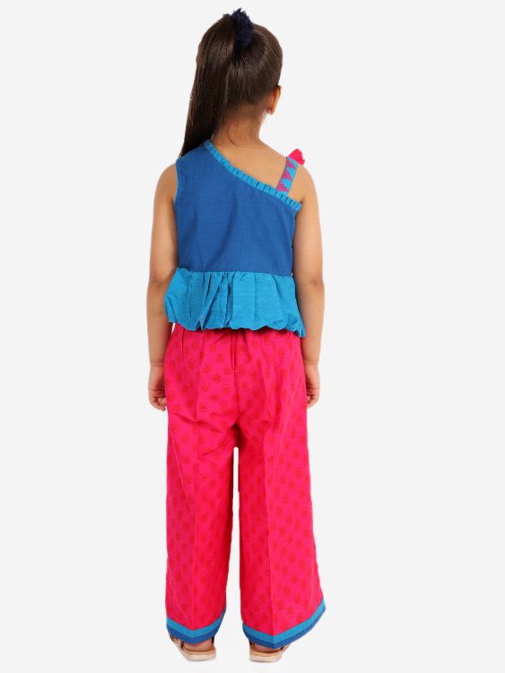 Twisha Girls Thread Work And Rhinestone Work Top With Palazzo- Blue & Pink