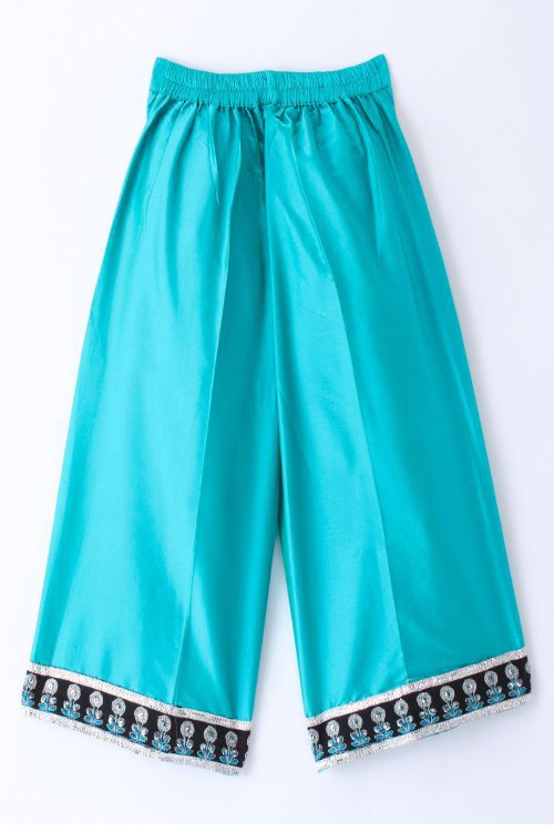Twisha Girls Leather Top Embellished With Butterfly Patch And Studds & Self Designed Palazzo - Black & Blue