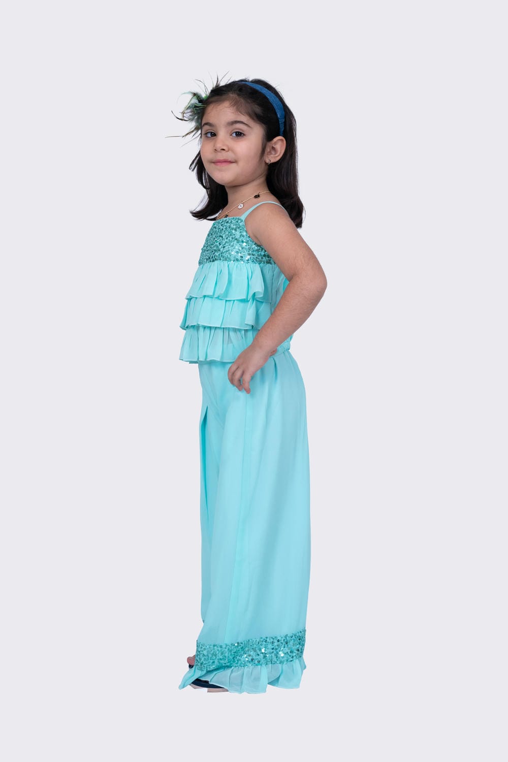 Twisha Girl's Sleeveless Strappy Georgette Sequenced Frilled Top And Palazzo - Sea Green