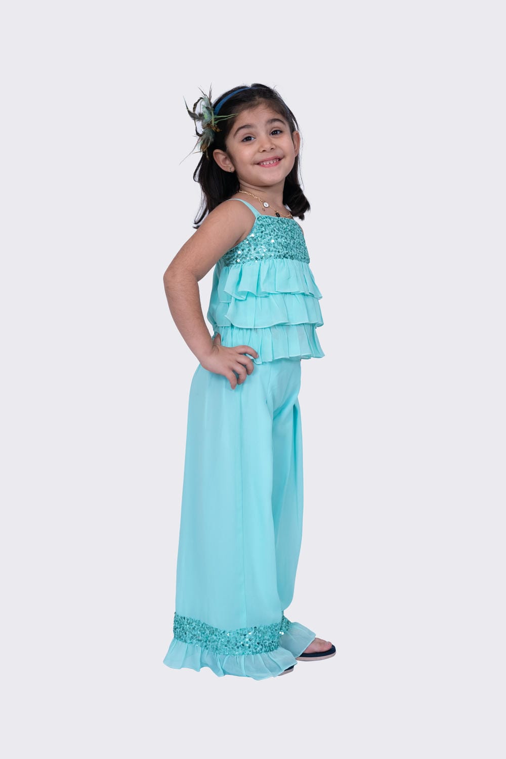 Twisha Girl's Sleeveless Strappy Georgette Sequenced Frilled Top And Palazzo - Sea Green