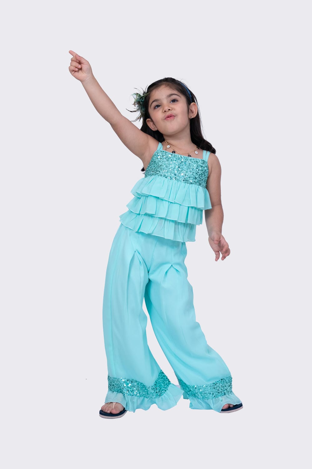 Twisha Girl's Sleeveless Strappy Georgette Sequenced Frilled Top And Palazzo - Sea Green