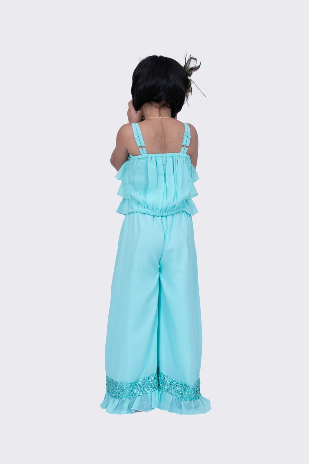 Twisha Girl's Sleeveless Strappy Georgette Sequenced Frilled Top And Palazzo - Sea Green