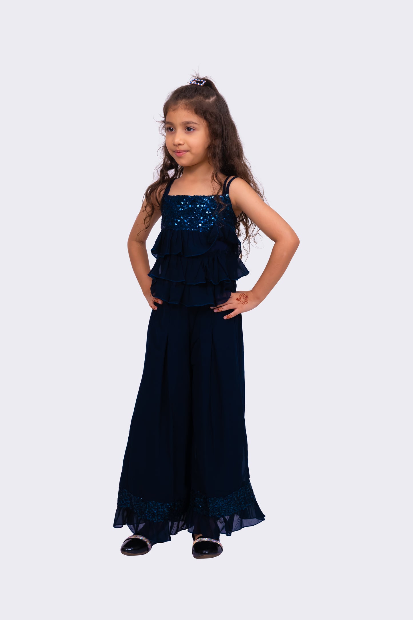 Twisha Girls Sleeveless Sequenced Top With Palazzo-Navy Blue