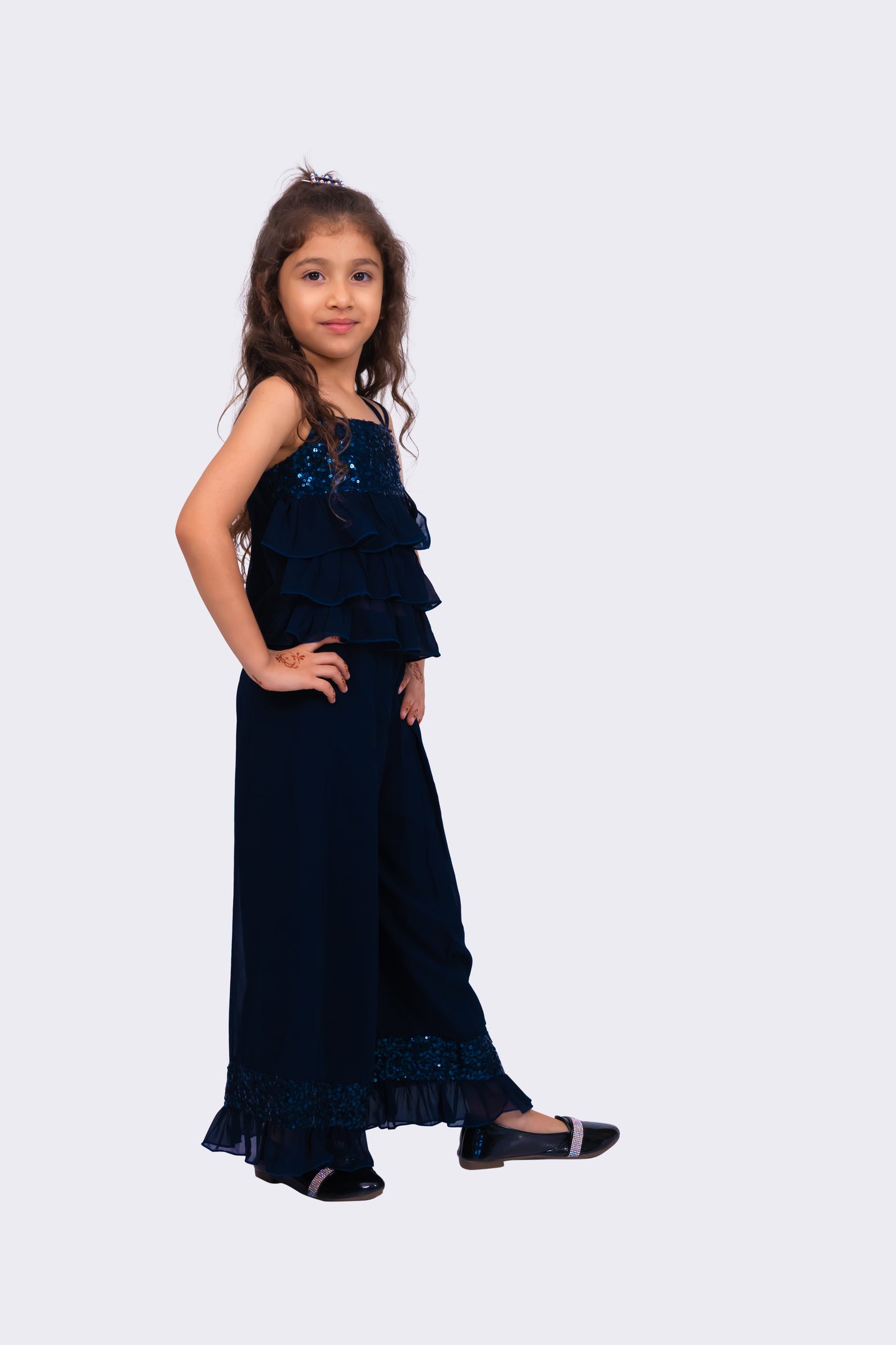 Twisha Girls Sleeveless Sequenced Top With Palazzo-Navy Blue
