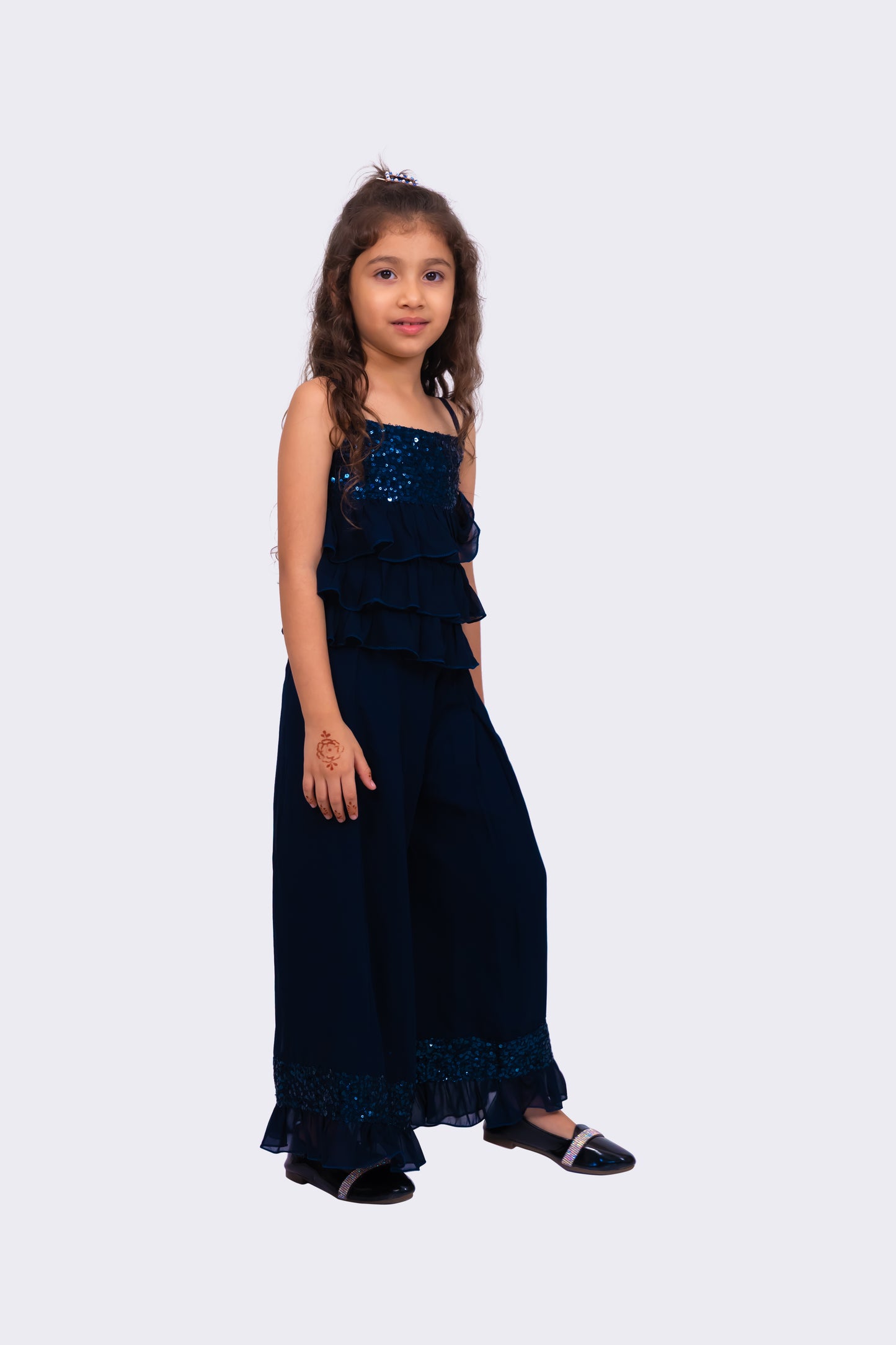 Twisha Girls Sleeveless Sequenced Top With Palazzo-Navy Blue