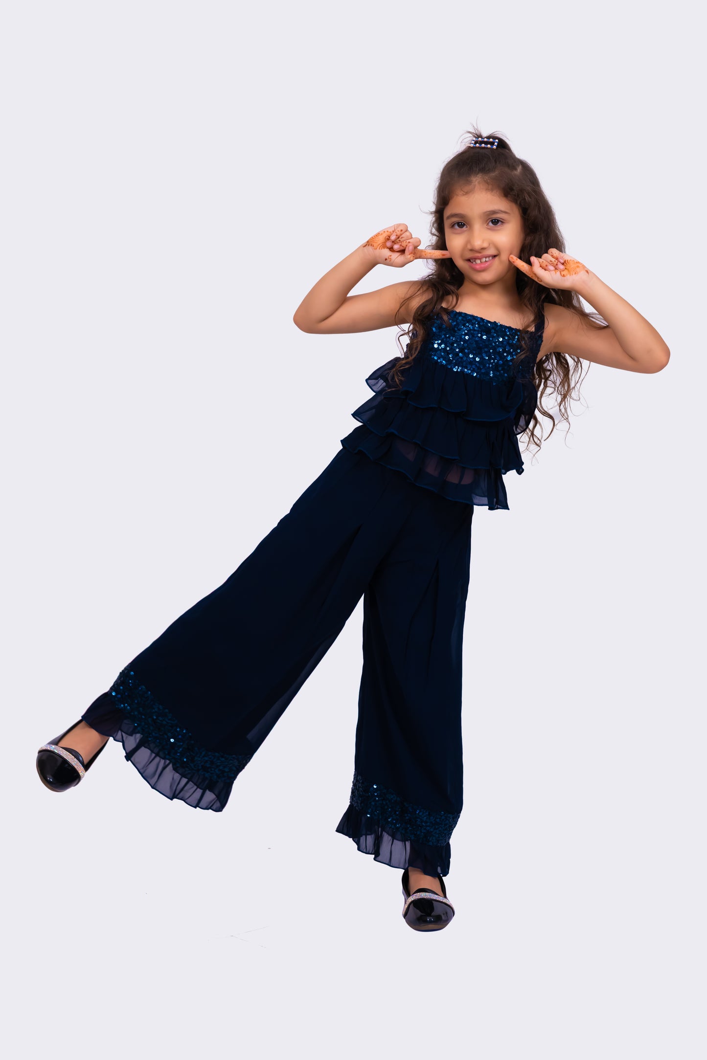 Twisha Girls Sleeveless Sequenced Top With Palazzo-Navy Blue