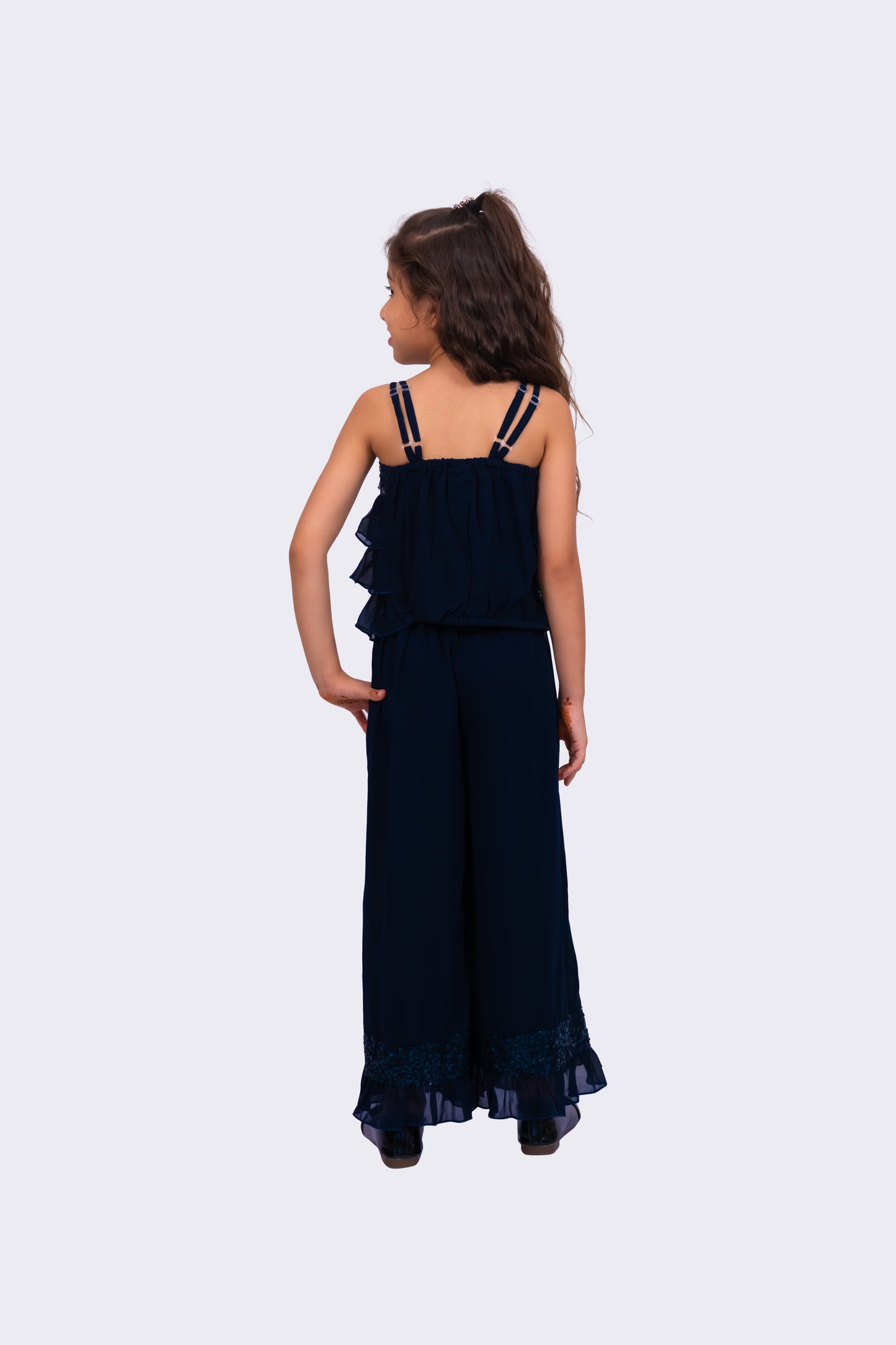 Twisha Girls Sleeveless Sequenced Top With Palazzo-Navy Blue