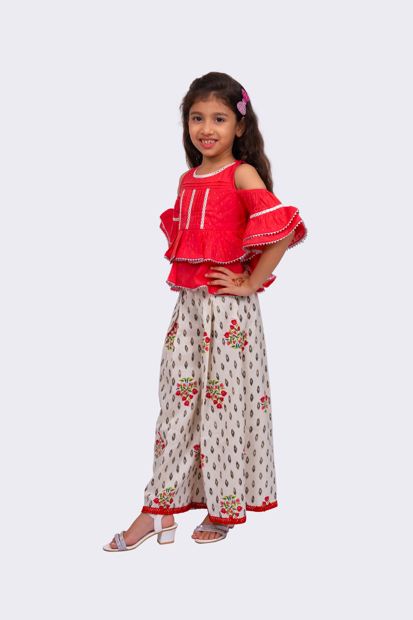Twisha Girls Cold Sleeve Cotton Top With Printed Sharara - Coral & White