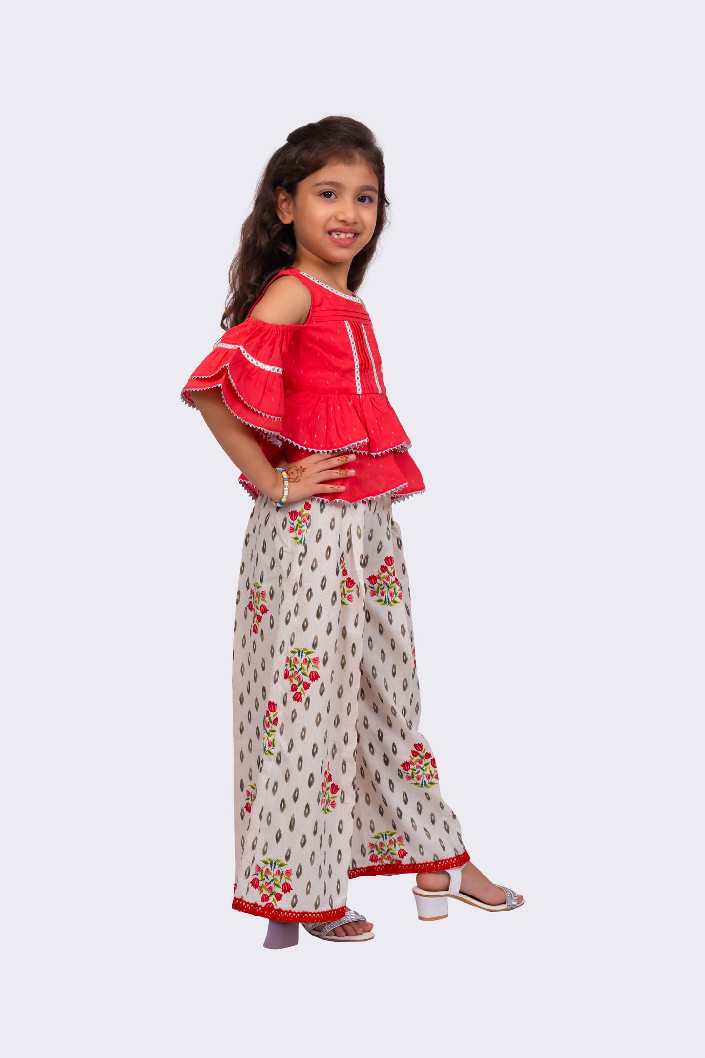Twisha Girls Cold Sleeve Cotton Top With Printed Sharara - Coral & White