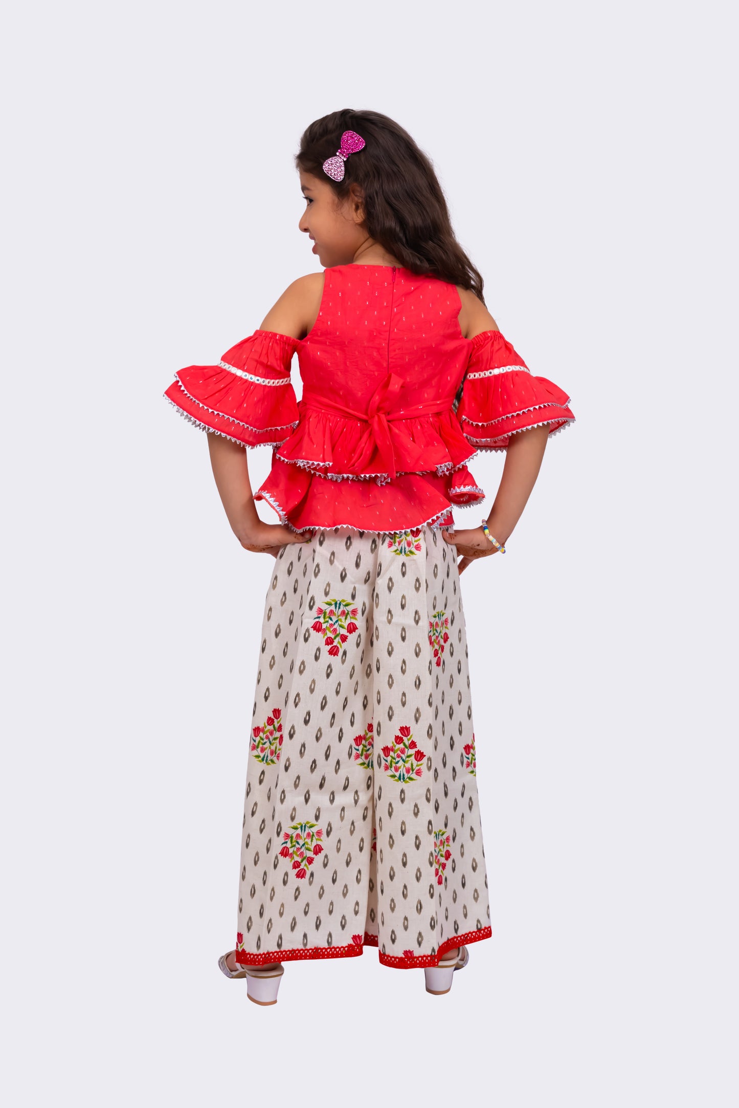 Twisha Girls Cold Sleeve Cotton Top With Printed Sharara - Coral & White