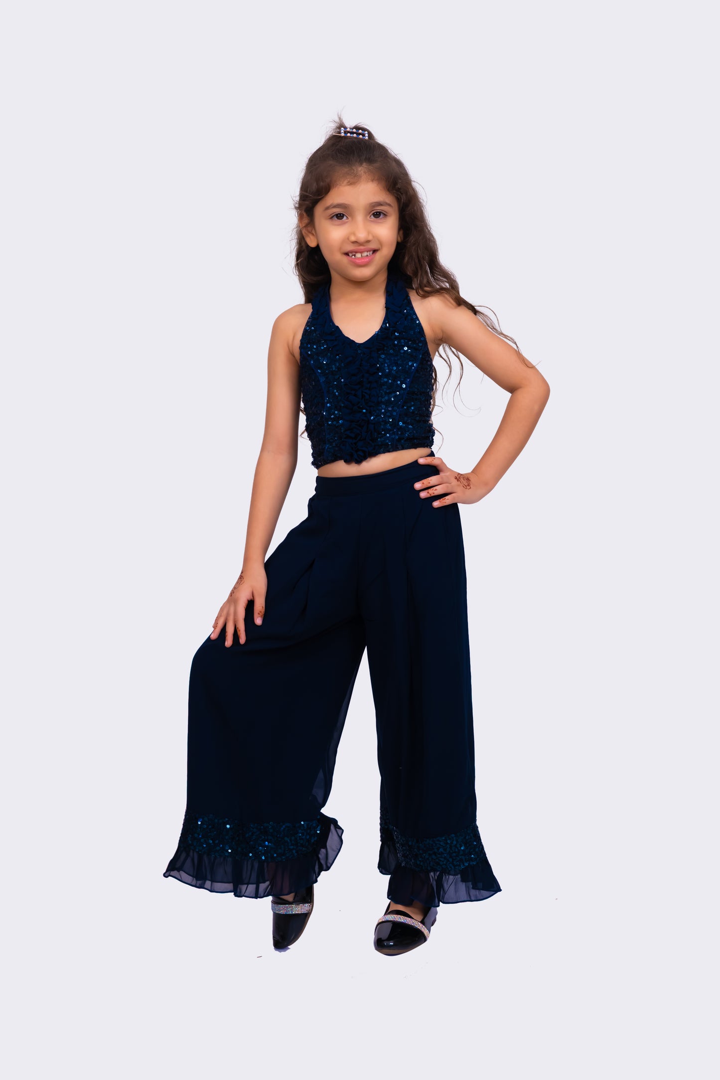 Twisha Girls Sleeveless Halter Neck Embellished Top With Palazzo - Navy Blue