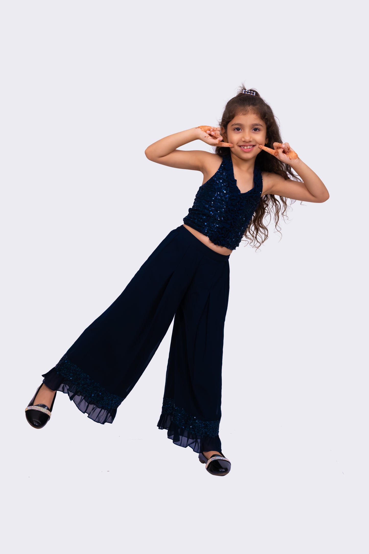 Twisha Girls Sleeveless Halter Neck Embellished Top With Palazzo - Navy Blue