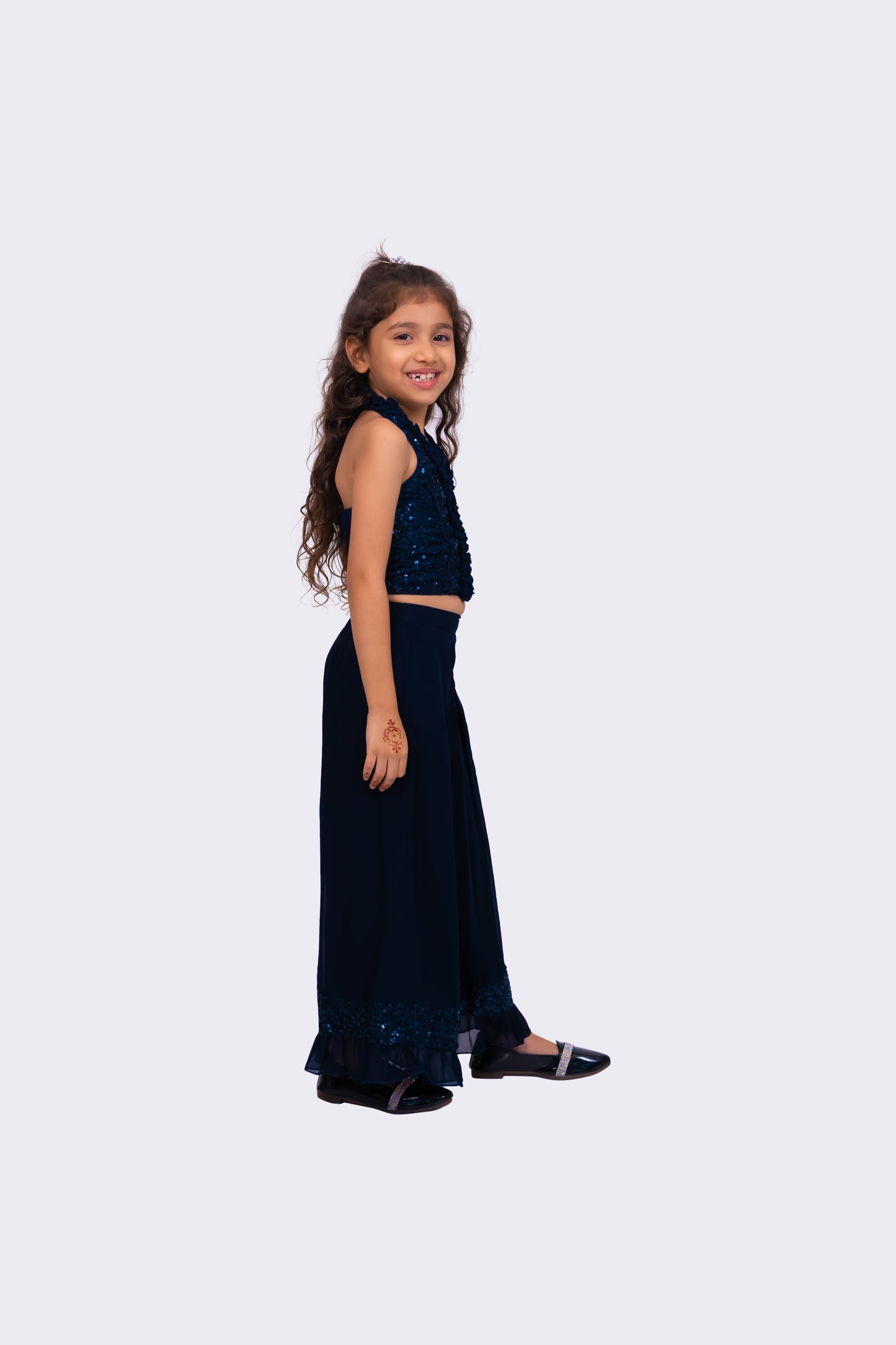 Twisha Girls Sleeveless Halter Neck Embellished Top With Palazzo - Navy Blue