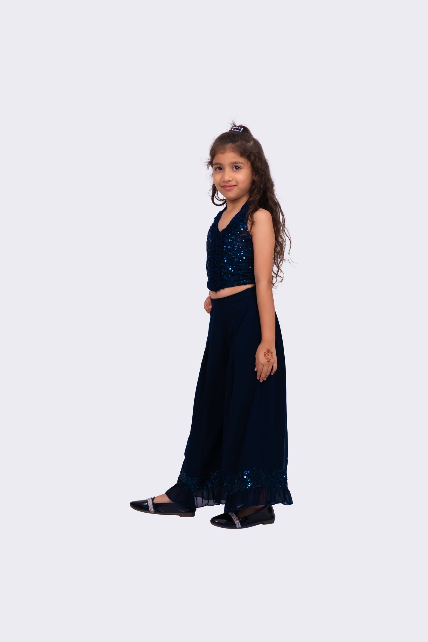 Twisha Girls Sleeveless Halter Neck Embellished Top With Palazzo - Navy Blue