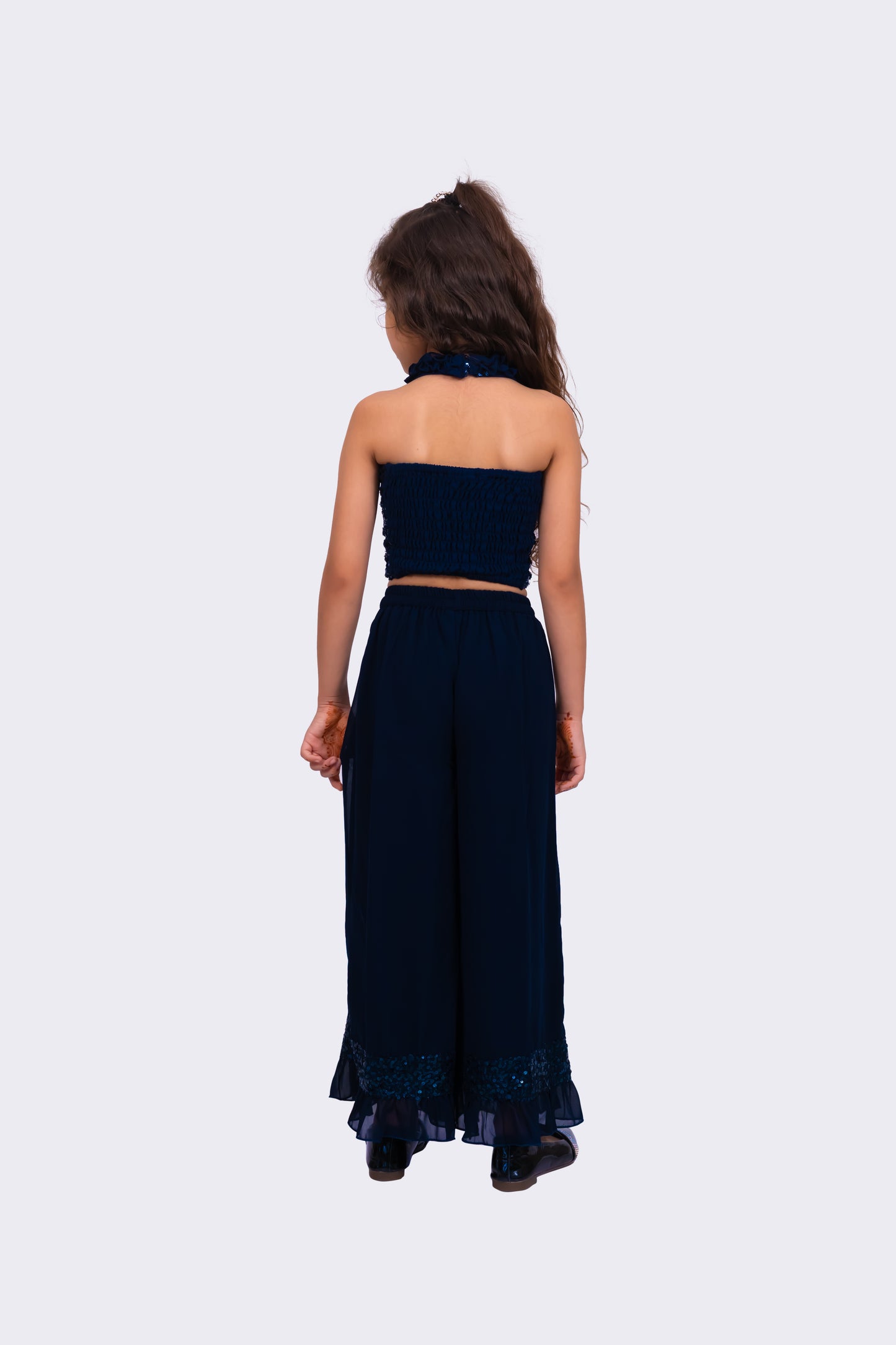 Twisha Girls Sleeveless Halter Neck Embellished Top With Palazzo - Navy Blue