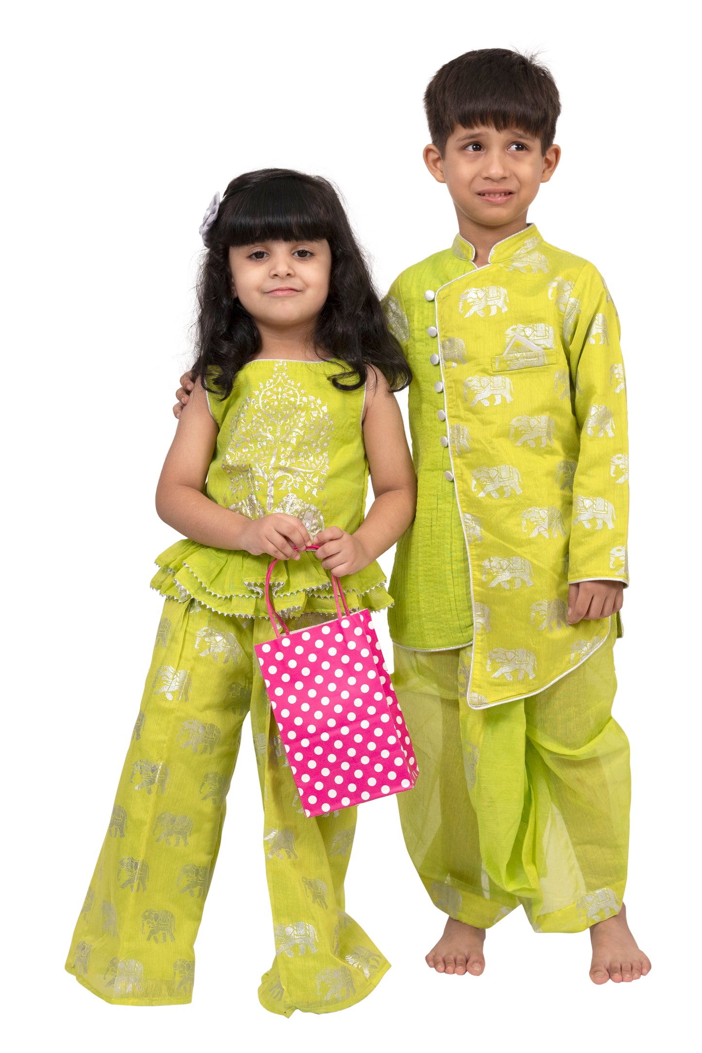 Twisha Chanderi Sleeveless Elephant Printed Top with Palazzo - Limegreen