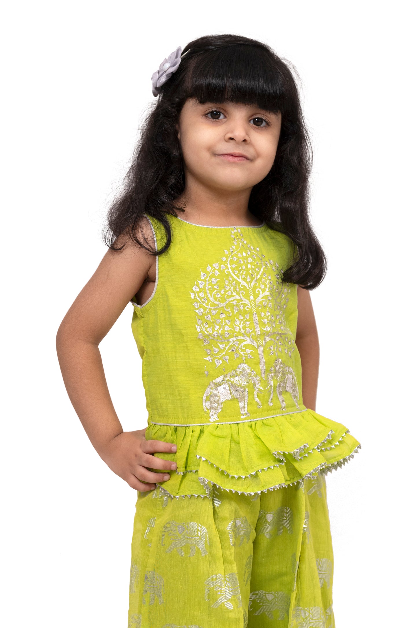 Twisha Chanderi Sleeveless Elephant Printed Top with Palazzo - Limegreen