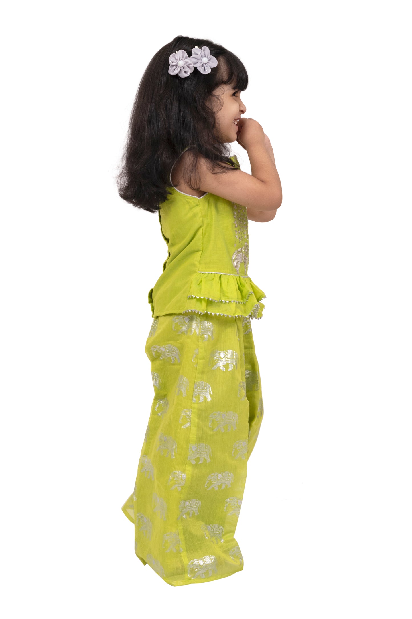 Twisha Chanderi Sleeveless Elephant Printed Top with Palazzo - Limegreen