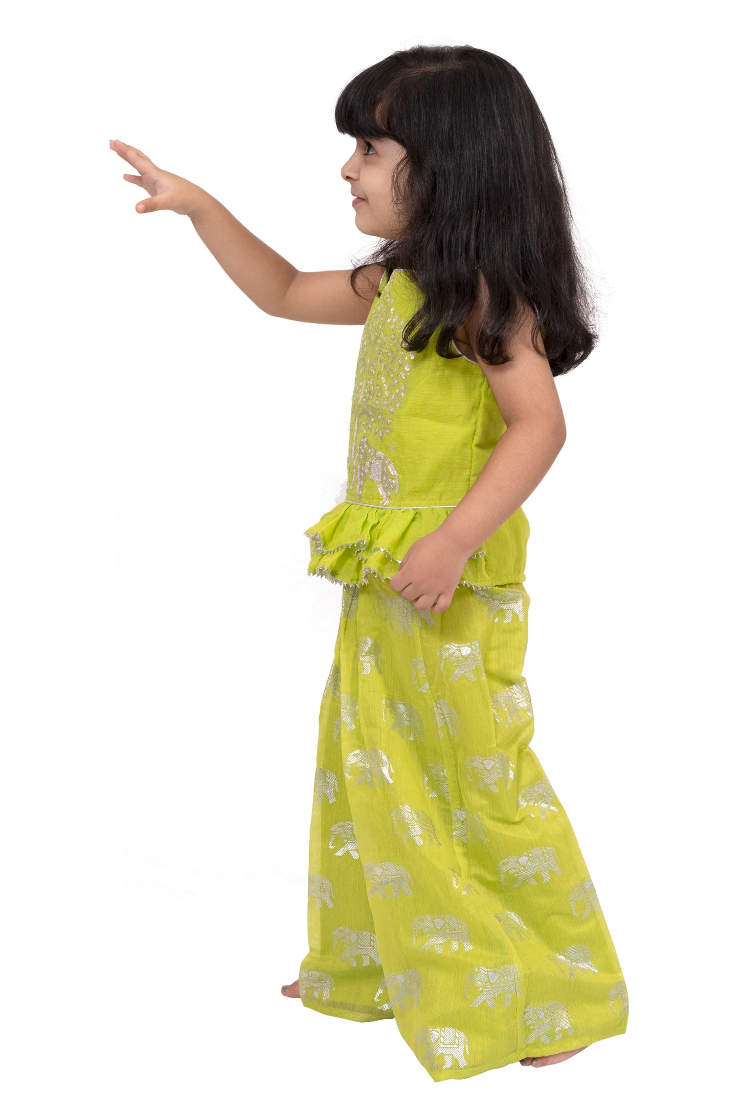 Twisha Chanderi Sleeveless Elephant Printed Top with Palazzo - Limegreen