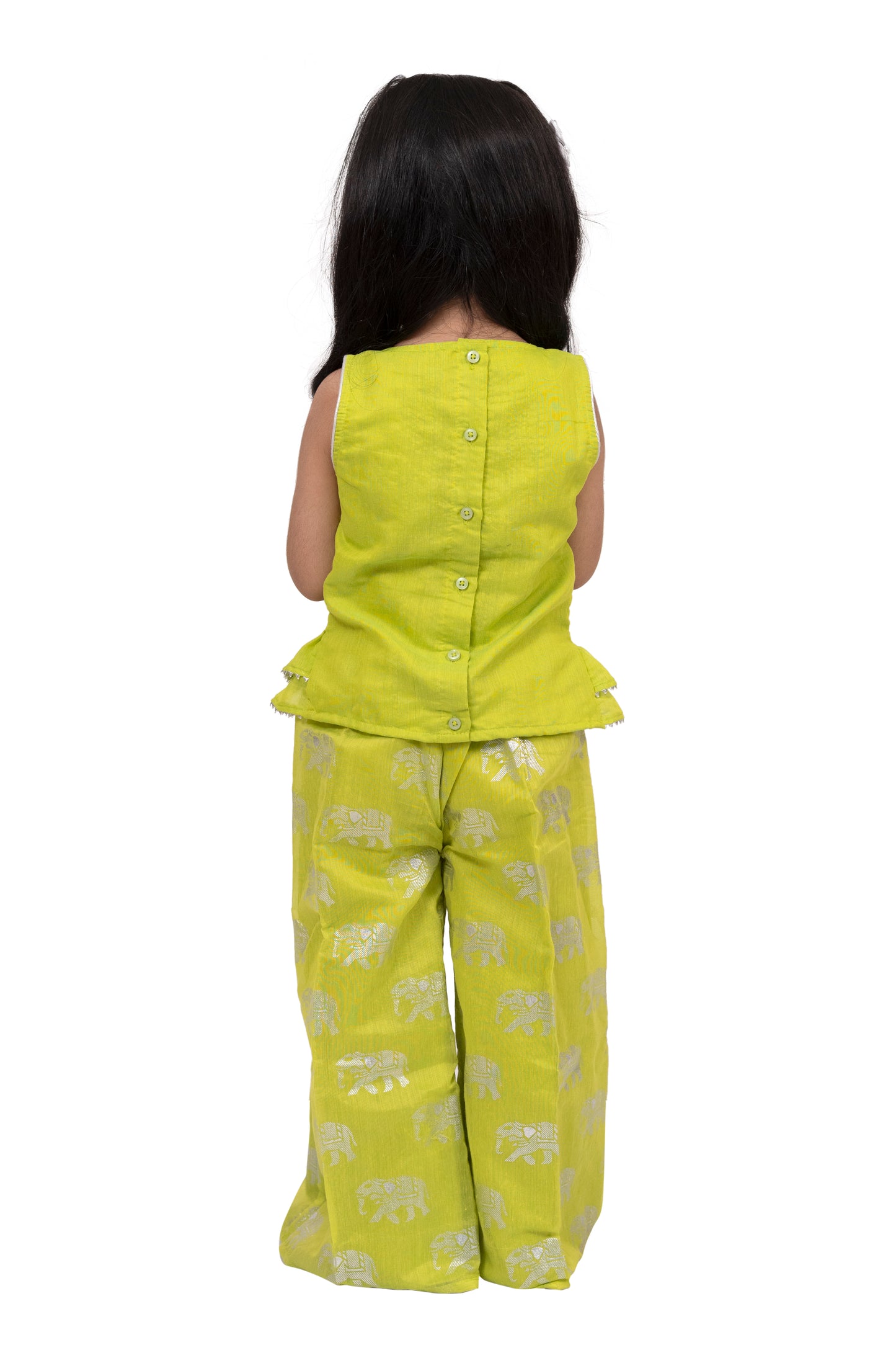 Twisha Chanderi Sleeveless Elephant Printed Top with Palazzo - Limegreen