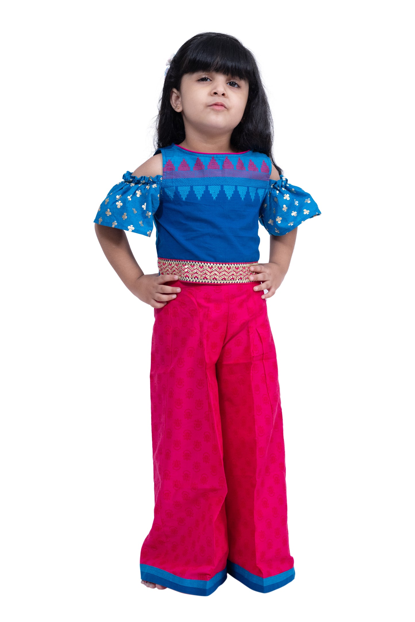 Twisha Cotton Cold Shoulder Half n Half Bordered Top With Palazzo - Blue & Pink