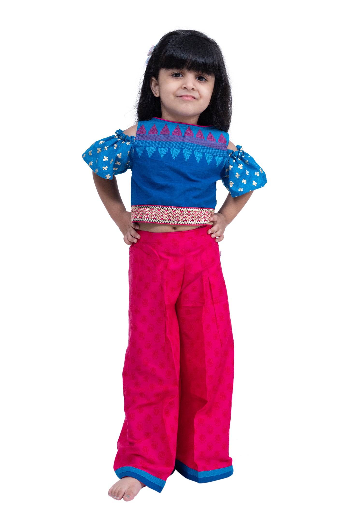 Twisha Cotton Cold Shoulder Half n Half Bordered Top With Palazzo - Blue & Pink